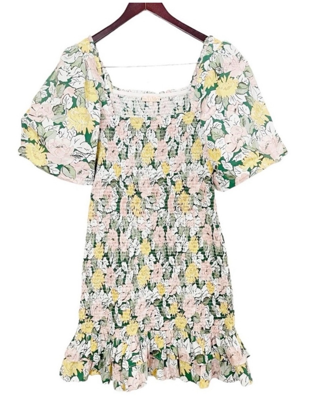 ByTimo Smocked Puff-Sleeve floral ruffle Mini Dress - Green , pink & Yellow